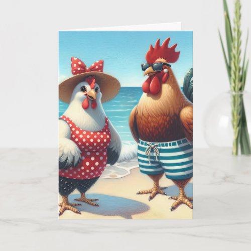 Birthday Beach Chickens In Bathing Suits Card