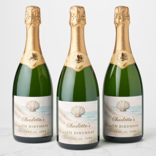 Birthday beach coastal shell sparkling wine label