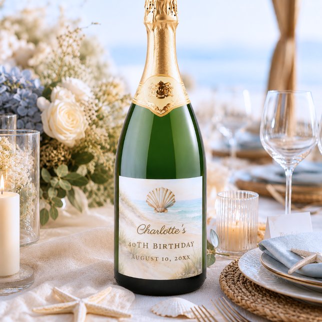 Birthday beach coastal shell sparkling wine label (Creator Uploaded)