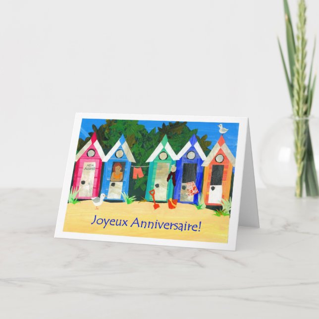 Birthday Beach Huts Card - French Greeting (Front)