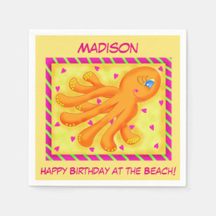Birthday Beach Name Personalized Octopus Yellow Paper Napkins