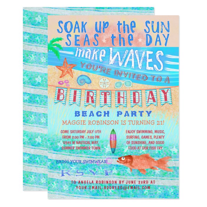 Birthday Beach Or Pool Party Summer Fish Surf Swim Invitation Pool Party Summer Fish Surf Swim