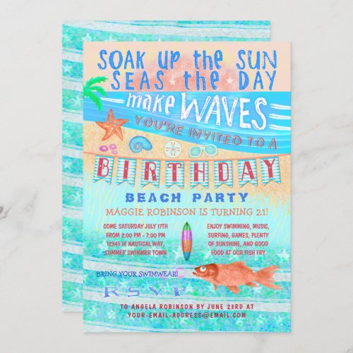 Birthday Beach or Pool Party Summer Fish Surf Swim Invitation
