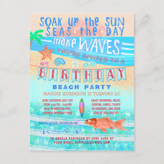 Birthday Beach or Pool Party Summer Fish Surf Swim Invitation Postcard