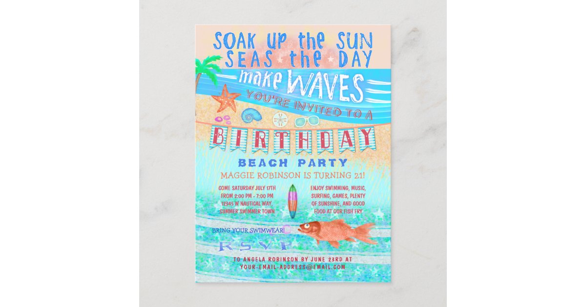 Birthday Beach Or Pool Party Summer Fish Surf Swim Invitation Pool Party Summer Fish Surf Swim