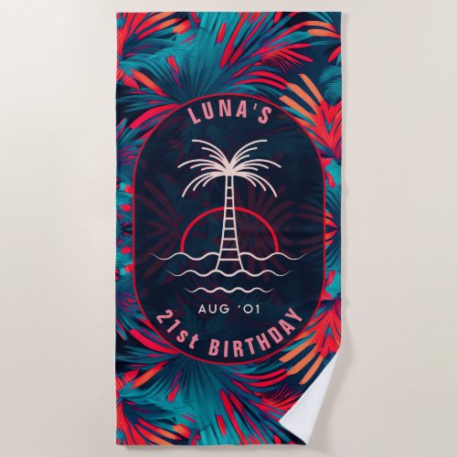 Birthday Beach party Palm tree leaves sunset Beach Towel