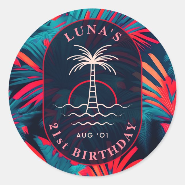 Birthday Beach party Palm tree leaves sunset Classic Round Sticker (Front)
