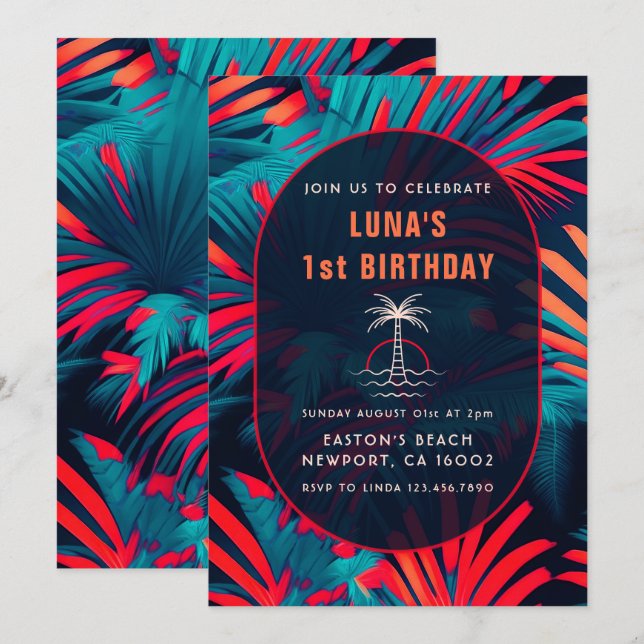 Birthday Beach party Palm tree leaves sunset Invitation (Front/Back)