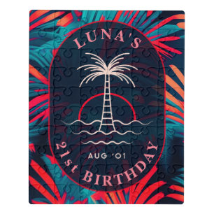 Birthday Beach party Palm tree leaves sunset Jigsaw Puzzle