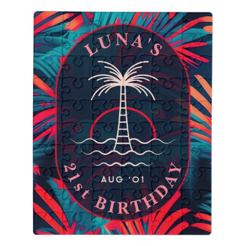 Birthday Beach party Palm tree leaves sunset Jigsaw Puzzle