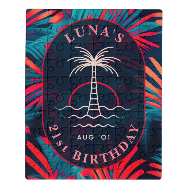 Birthday Beach party Palm tree leaves sunset Jigsaw Puzzle (Puzzle Vertical)