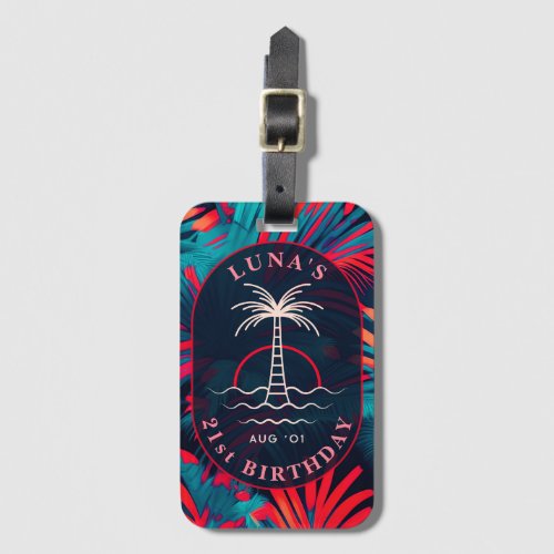 Birthday Beach party Palm tree leaves sunset Luggage Tag