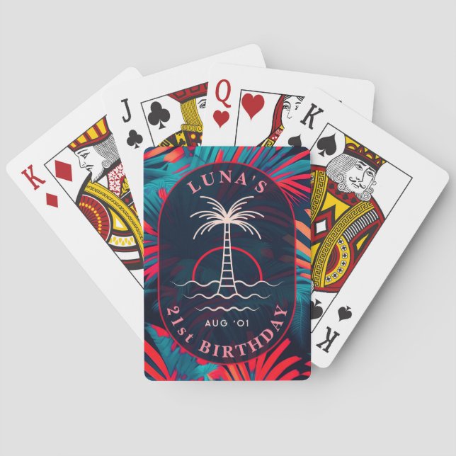Birthday Beach party Palm tree leaves sunset Poker Cards (Back)