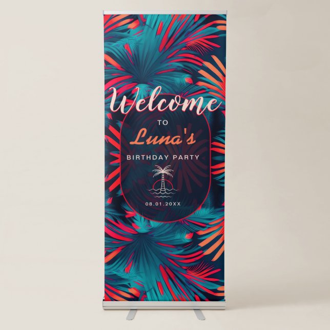 Birthday Beach party Palm tree leaves sunset Retractable Banner (Front)