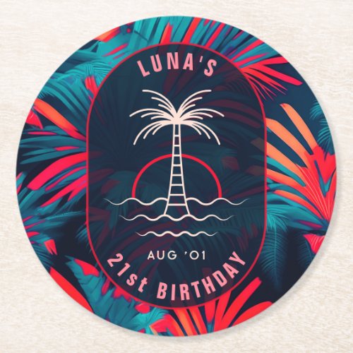 Birthday Beach party Palm tree leaves sunset Round Paper Coaster
