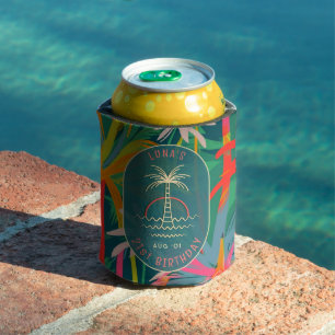 Birthday Beach party palm Tree sunset Watercolor Can Cooler