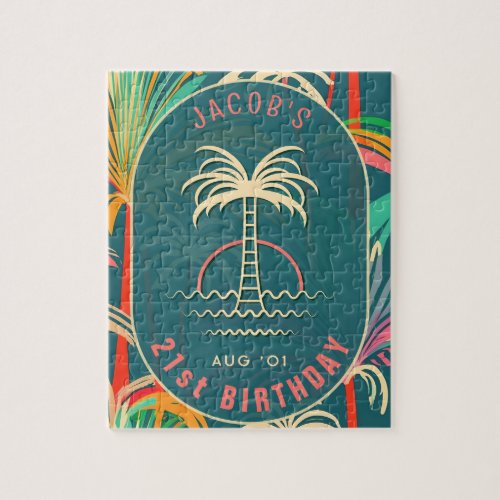 Birthday Beach tropical palm Tree beach sunset Jigsaw Puzzle