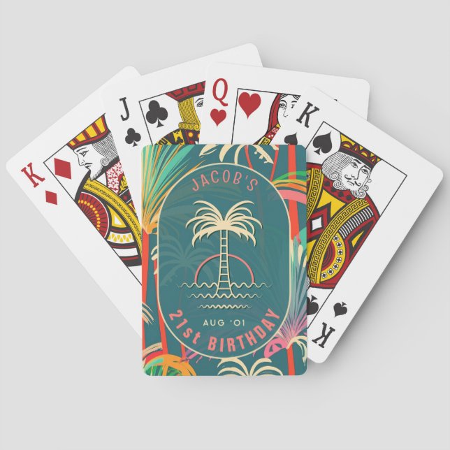 Birthday Beach tropical palm Tree beach sunset Poker Cards (Back)