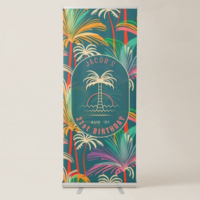 Birthday Beach tropical palm Tree beach sunset Retractable Banner (Front)