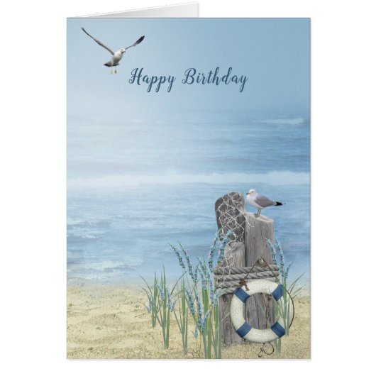 Birthday Beach with seagulls Cards (Front)