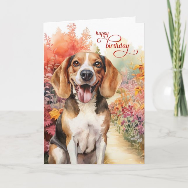 Birthday Beagle Dog Colorful Garden Path  Card (Front)