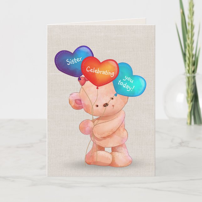Birthday Bear and Balloons for Sister Card (Front)