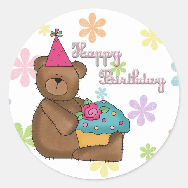 birthday bear classic round sticker (Front)
