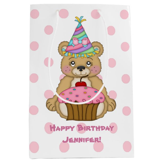 Birthday Bear Cupcake Pink Personalized Medium Gift Bag (Front)