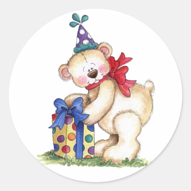 Birthday Bear Gift Classic Round Sticker (Front)
