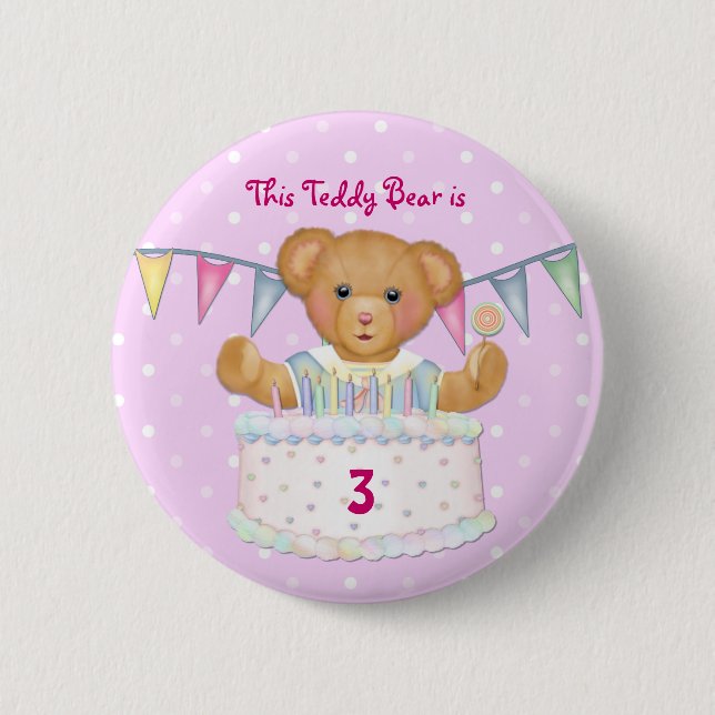 Birthday Bear Girl - Third - Customize Date Pinback Button (Front)