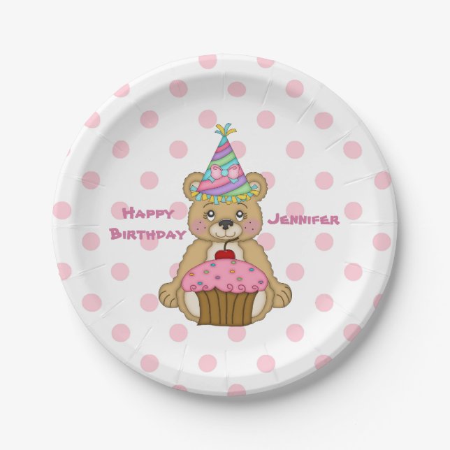 Birthday Bear Pink Cupcake Polkadot Personalized Paper Plates (Front)