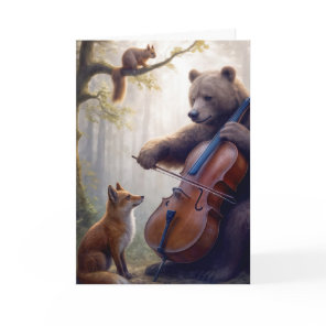 Birthday Bear Playing the Cello In a Misty Forest Card