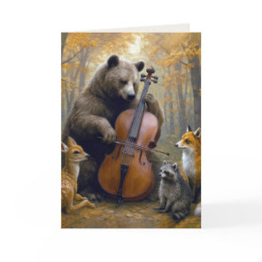 Birthday Bear Playing the Cello in Autumn Woods Card