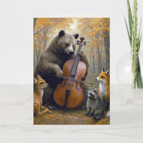 Birthday Bear Playing the Cello in Autumn Woods Card