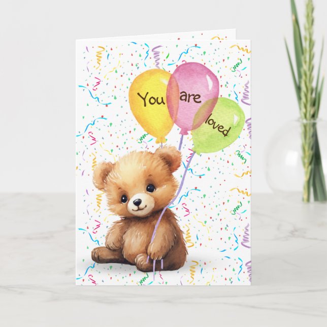Birthday Bear With Balloons and Confetti Card (Front)