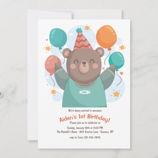 Birthday Bear with Balloons Invitation (Front)