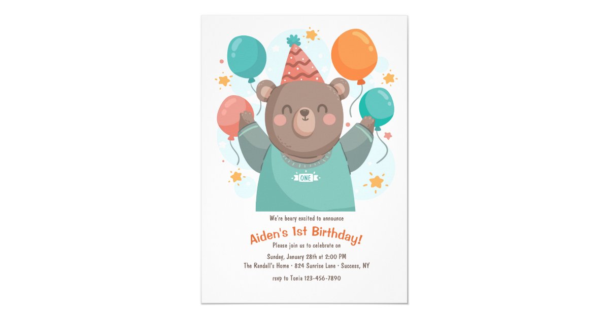 Birthday Bear with Balloons Invitation | Zazzle.com