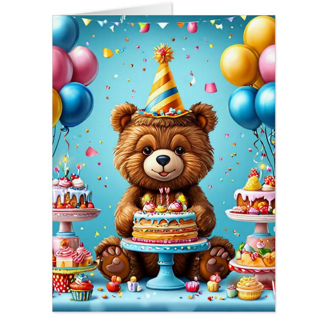 Birthday bear with cake and balloons card (Front)
