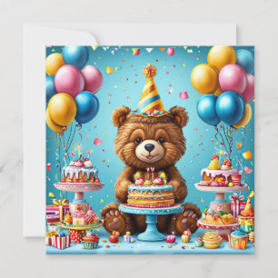 Birthday bear with cake and balloons invitation