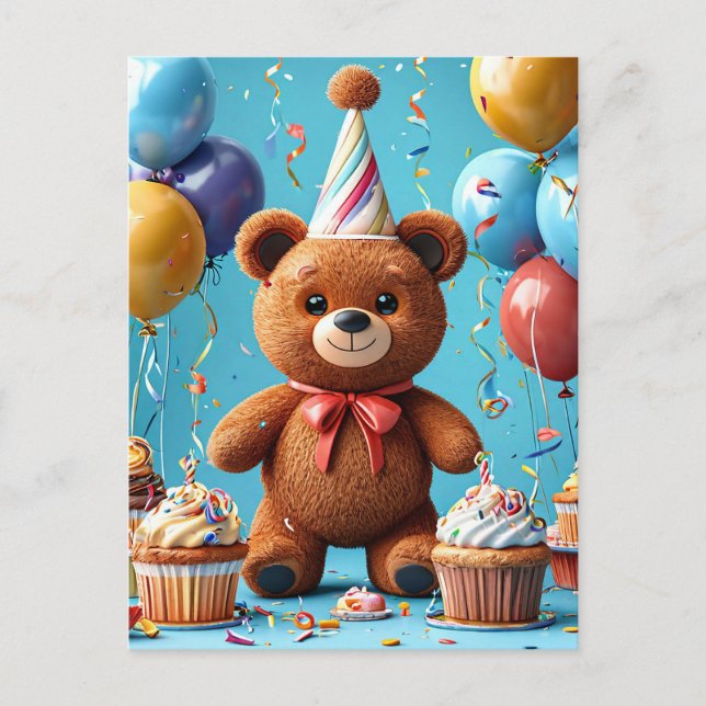 Birthday bear with cake and balloons postcard (Front)