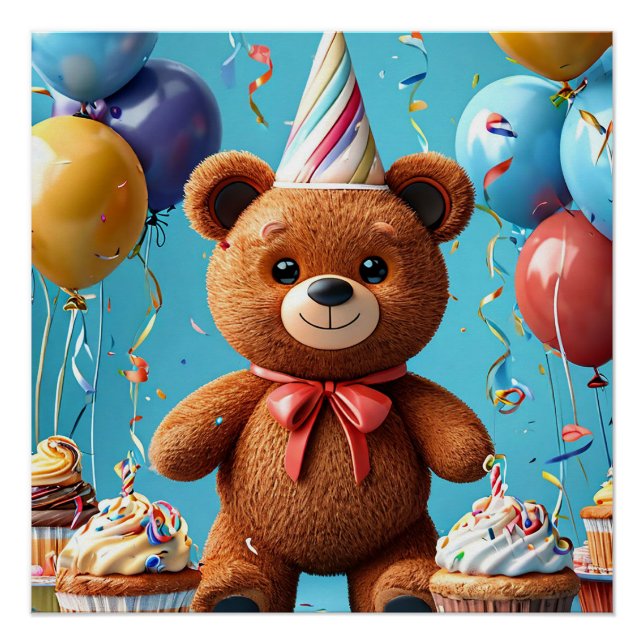 Birthday bear with cake and balloons poster (Front)