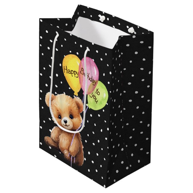Birthday Bear With Party Balloons Medium Gift Bag (Front Angled)