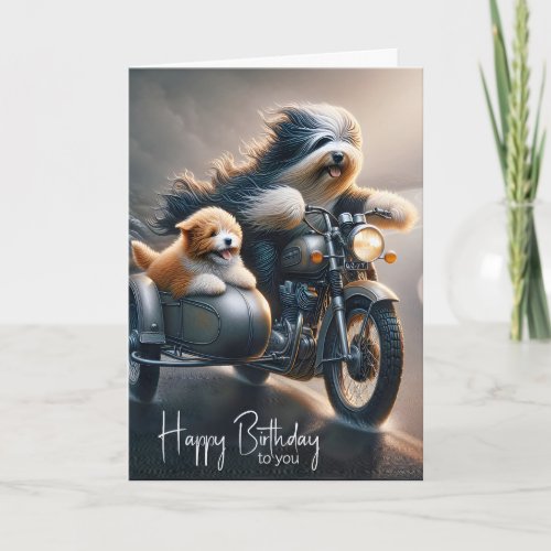 Birthday Bearded Collie On Motorcycle Card