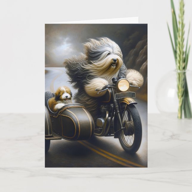 Birthday Bearded Collies On Motorcyle Card (Front)