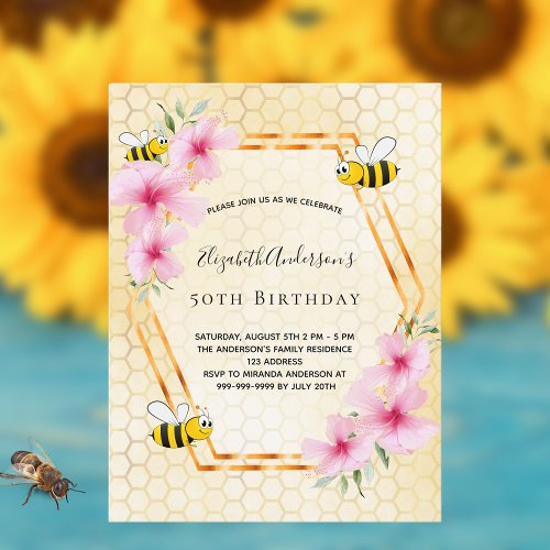 Birthday bee pink floral honeycomb invitation postcard