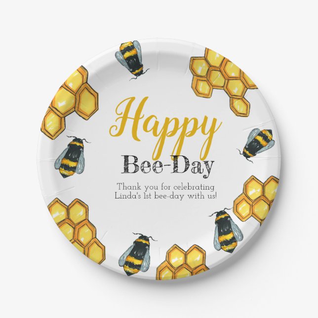 Birthday bee theme one year old kid party paper plates (Front)