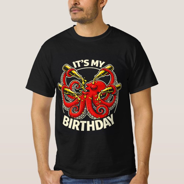 Birthday Beer Chugging Octopus T-Shirt (Front)