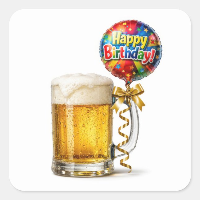 Birthday Beer Mug With Party Balloon Square Sticker (Front)