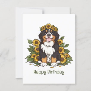 Birthday Bernese Mountain Dog Sunflower Crown Postcard