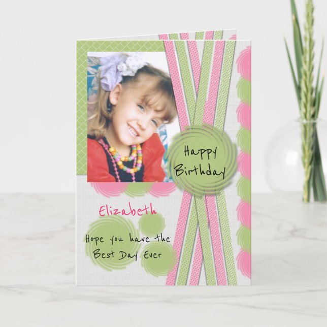 Birthday best day ever with photo and name pink card (Front)